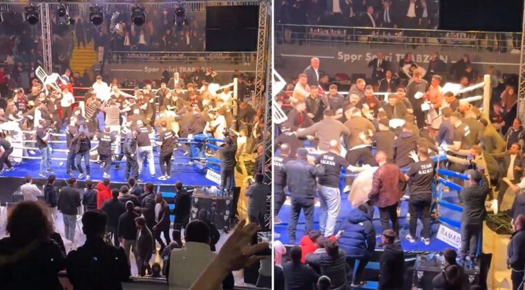 Trabzon’daki boks maçında büyük kavga! Ringe onlarca kişi girdi, yumruklar havda uçuştu