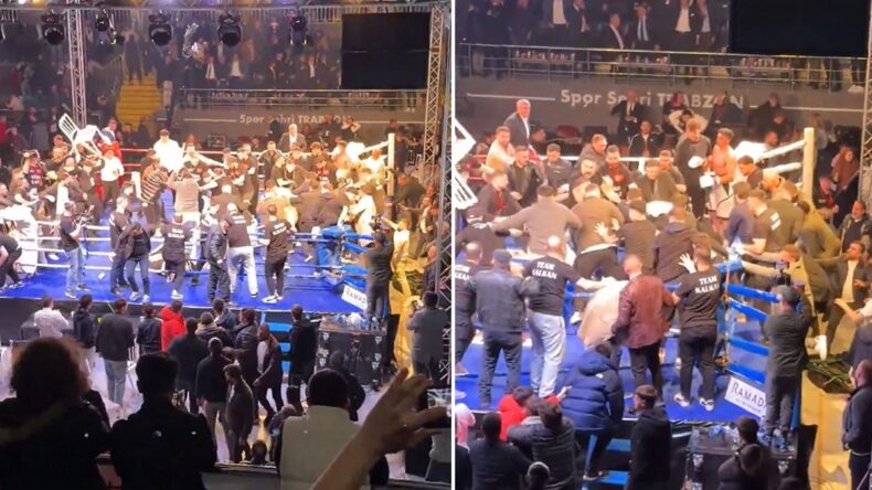 Trabzon’daki boks maçında büyük kavga! Ringe onlarca kişi girdi, yumruklar havda uçuştu
